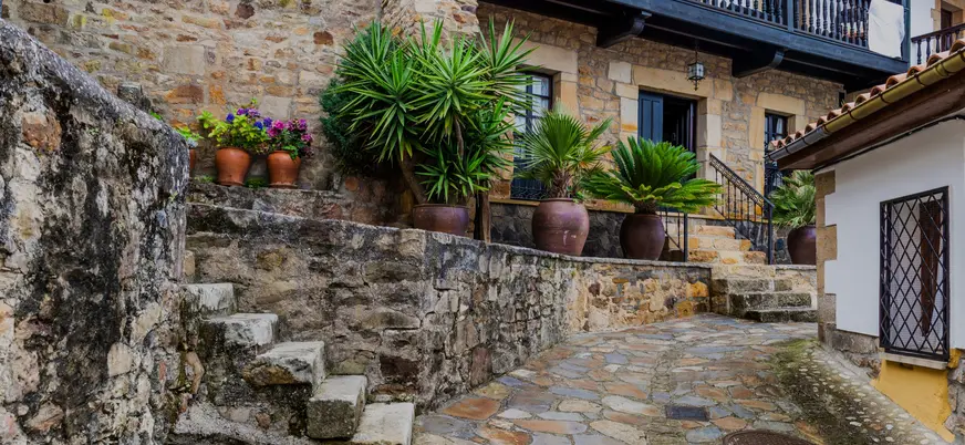 Calle empedrada con casas tradicionales y plantas en macetas en Lastres, Asturias.