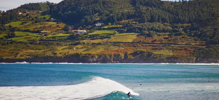Surfista en la famosa ola de Mundaka con colinas verdes del País Vasco al fondo.