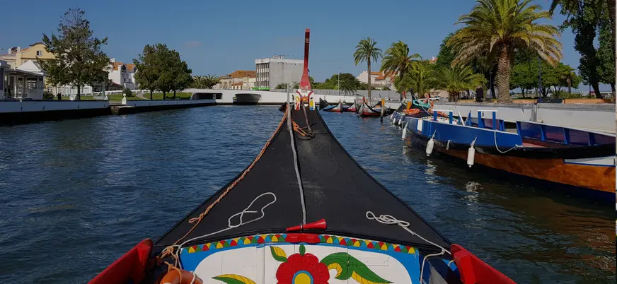 Vista desde un moliceiro navegando por los canales de Aveiro entre otras embarcaciones.