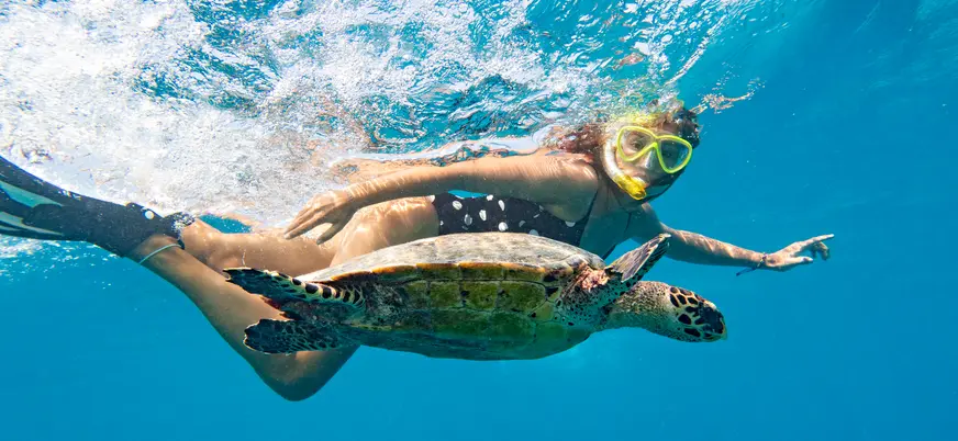 Mujer haciendo snorkel junto a una tortuga marina en la costa de Tenerife