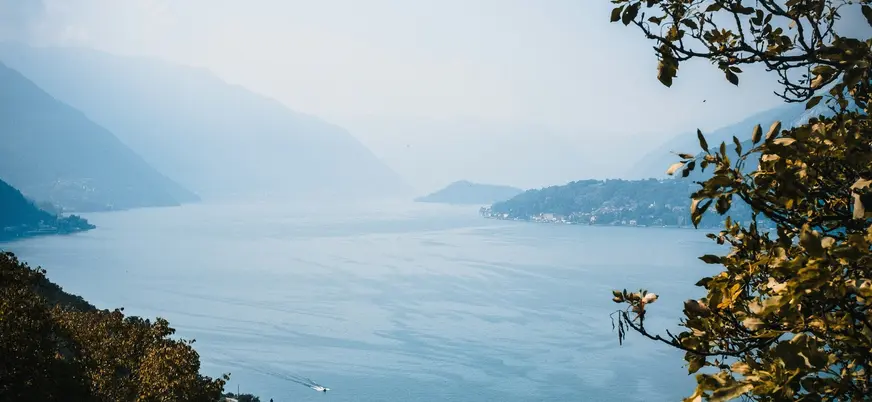 Vista panorámica del Lago di Como entre montañas y vegetación en primer plano