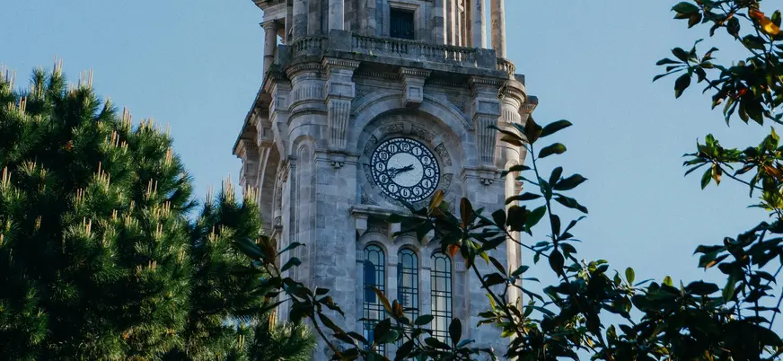 Torre con reloj en Oporto vista entre árboles en un día despejado.