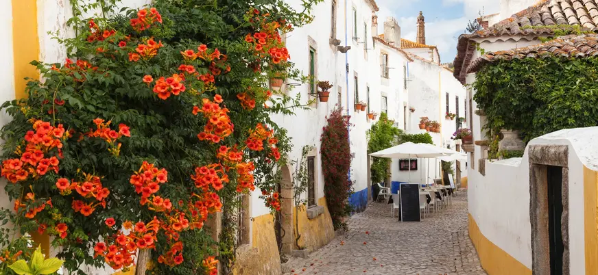 Calle empedrada y casas en Óbidos, Portugal