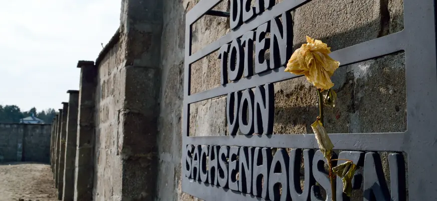 Placa conmemorativa y una rosa en el Memorial de Sachsenhausen