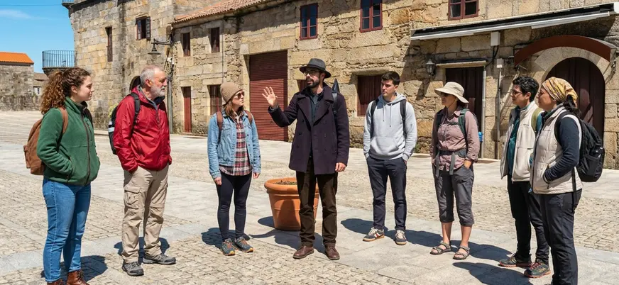 Guía de buendía explicando la historia de Cambados a un grupo de excursionistas