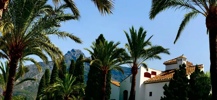 Villas blancas entre palmeras con la montaña de fondo en Marbella.
