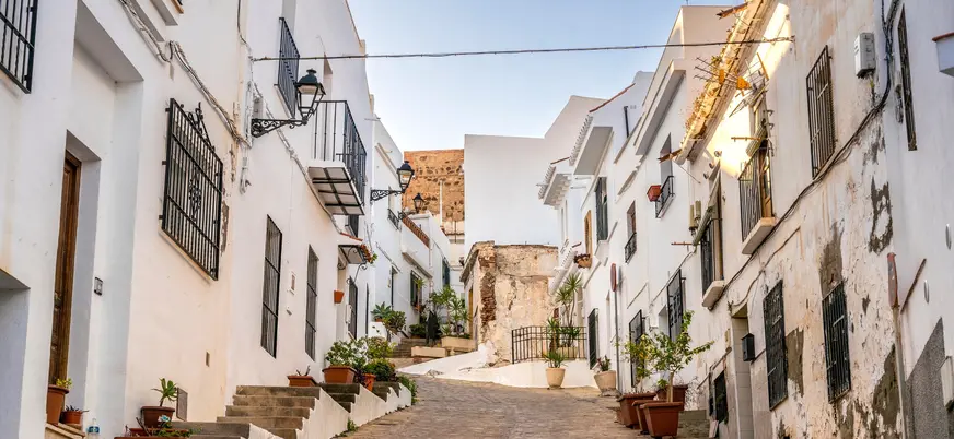 Calle empedrada con casas blancas y macetas en el casco antiguo de Salobreña
