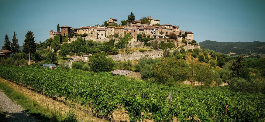 Pueblo sobre una colina y extensos viñedos en la Toscana