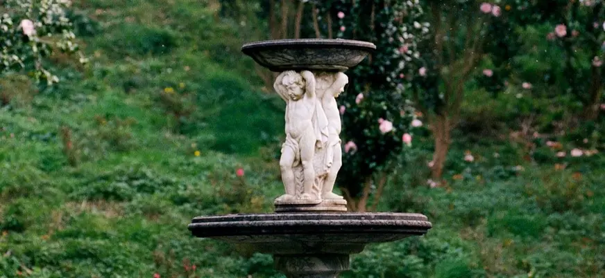 Fuente rodeada de camelias en Fonte Baxa, Luarca, Asturias