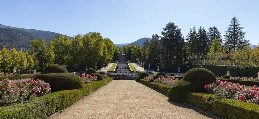 Camino de arena flanqueado por rosales hacia la cascada de La Granja, Segovia.