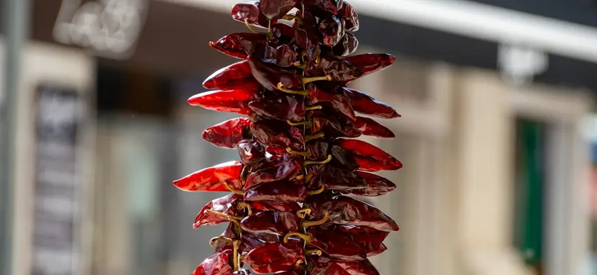 Ristra de pimientos de Espelette secos colgados al sol en una calle del País Vasco francés
