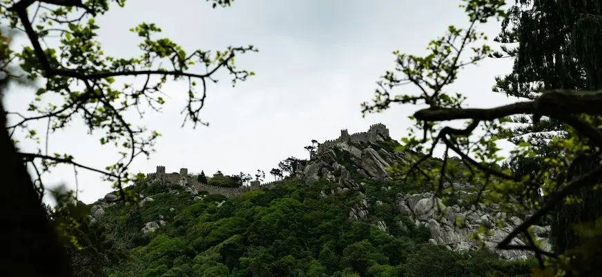 Murallas del Castillo de los Moros sobre una colina boscosa en Sintra, Portugal.