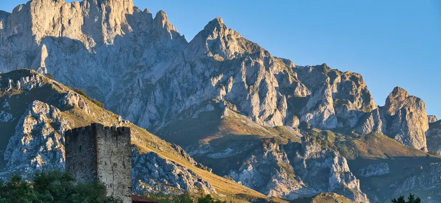 Torre de Mogrovejo con los Picos de Europa al fondo
