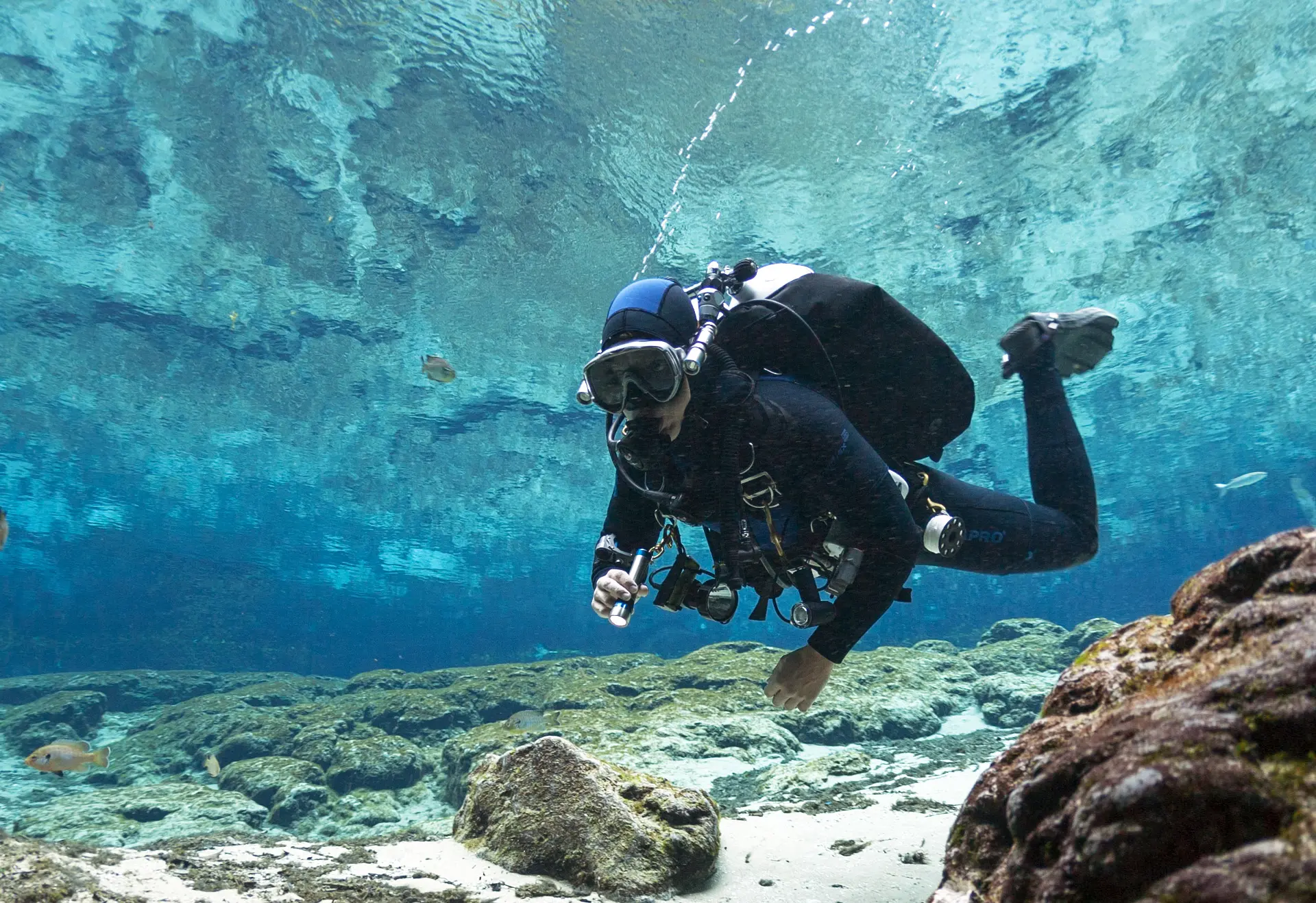 Buceador nadando por el fondo marino de Menorca durante un curso de buceo