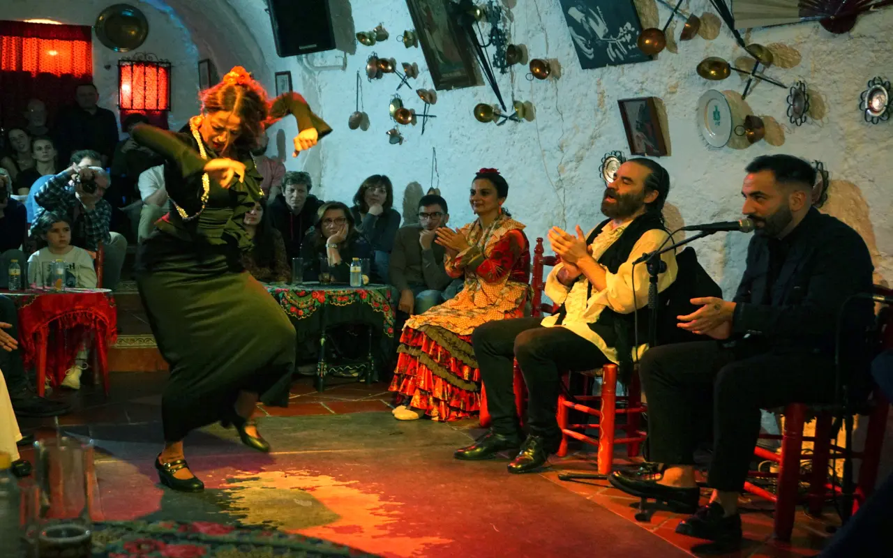 Grupo de flamenco en un espectáculo en vivo en Granada.