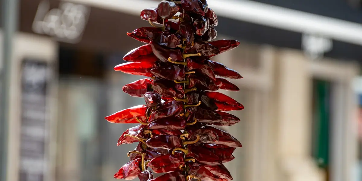 Ristra de pimientos de Espelette secos colgados al sol en una calle del País Vasco francés