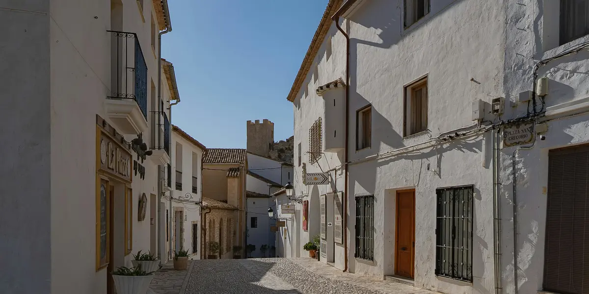 Calle empedrada con casas blancas en Guadalest, con la torre del castillo al fondo.