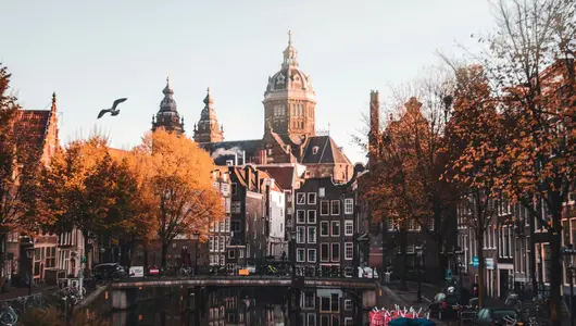 Canal de Ámsterdam con edificios clásicos, árboles de otoño y la Basílica de San Nicolás.