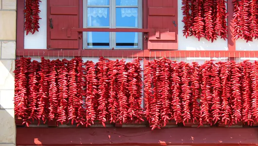 Pimientos colgados en una fachada, Espelette