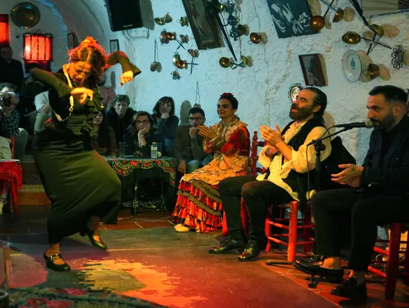 Grupo de flamenco en un espectáculo en vivo en Granada.