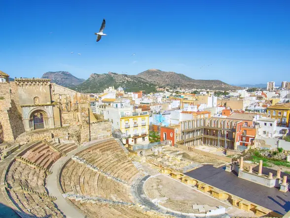 Gaviota sobrevolando el Teatro Romano de Cartagena