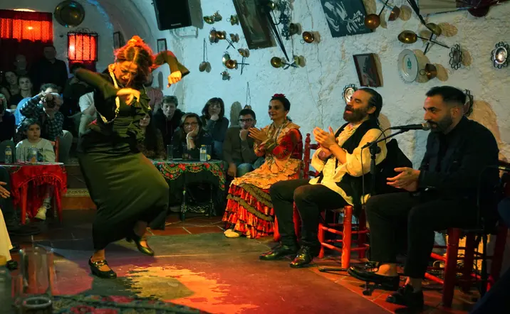 Grupo de flamenco en un espectáculo en vivo en Granada.
